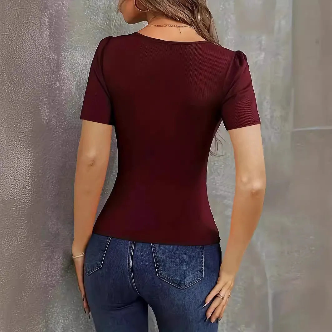 Women's low-neck slim fit knitted short sleeve top in wine red, black, or green colours