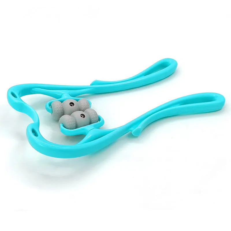 Blue handheld neck massager roller with acupressure nodes shown on a grey background.