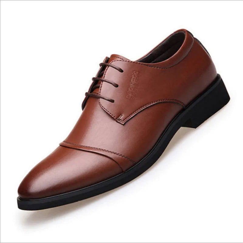 Men's black leather lace-up shoe with decorative stitching and a horse buckle on a rubber sole.