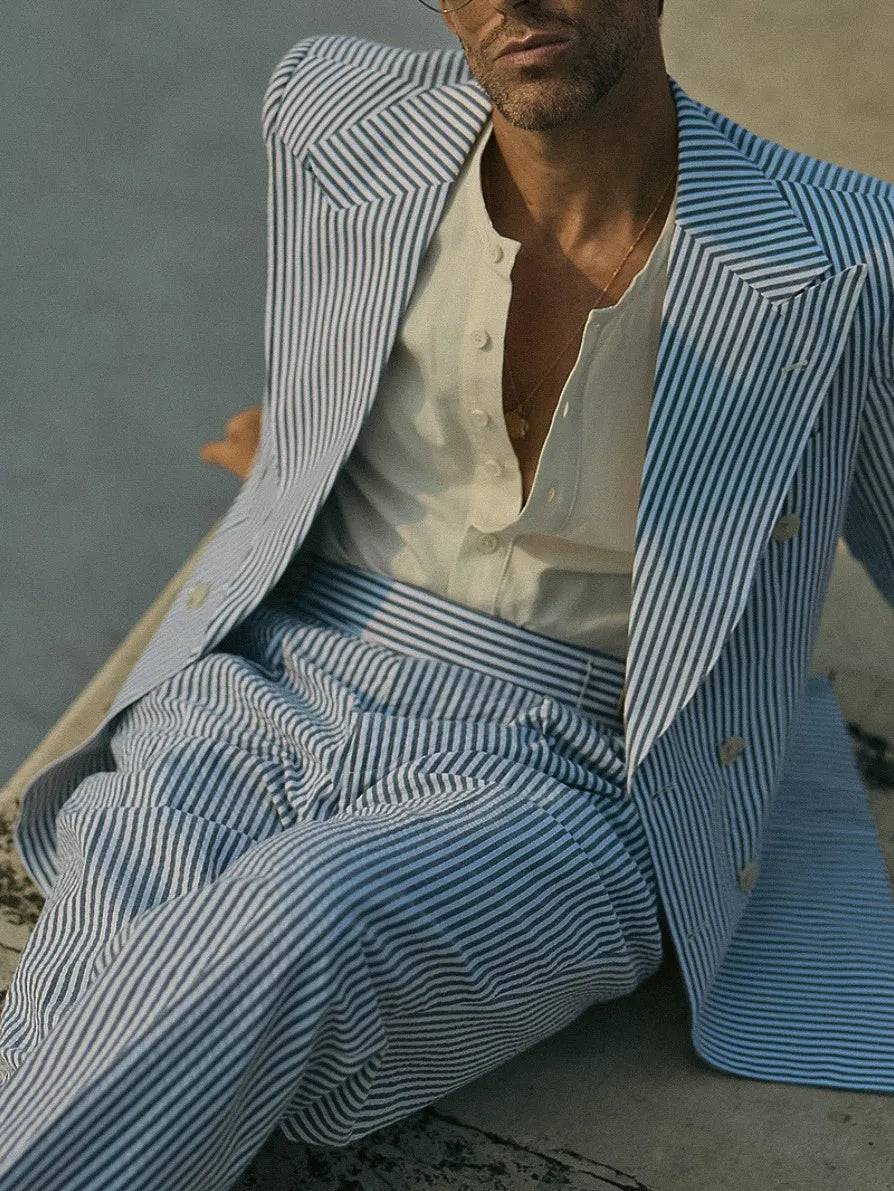 Blue and white striped suit set with blazer and trousers in regular fit