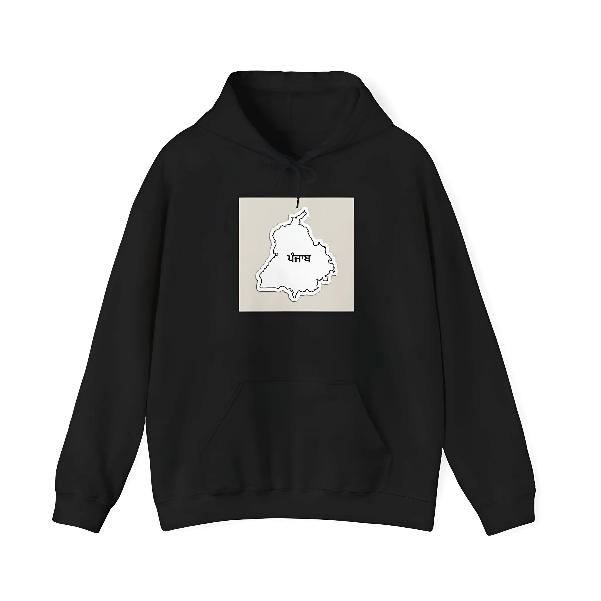 Man wearing a black loose-fit drop-shoulder hoodie with a front kangaroo pocket.