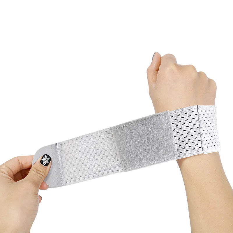 A high elasticity breathable wristguard for athletic support, shown in pink, black, and grey colour options.