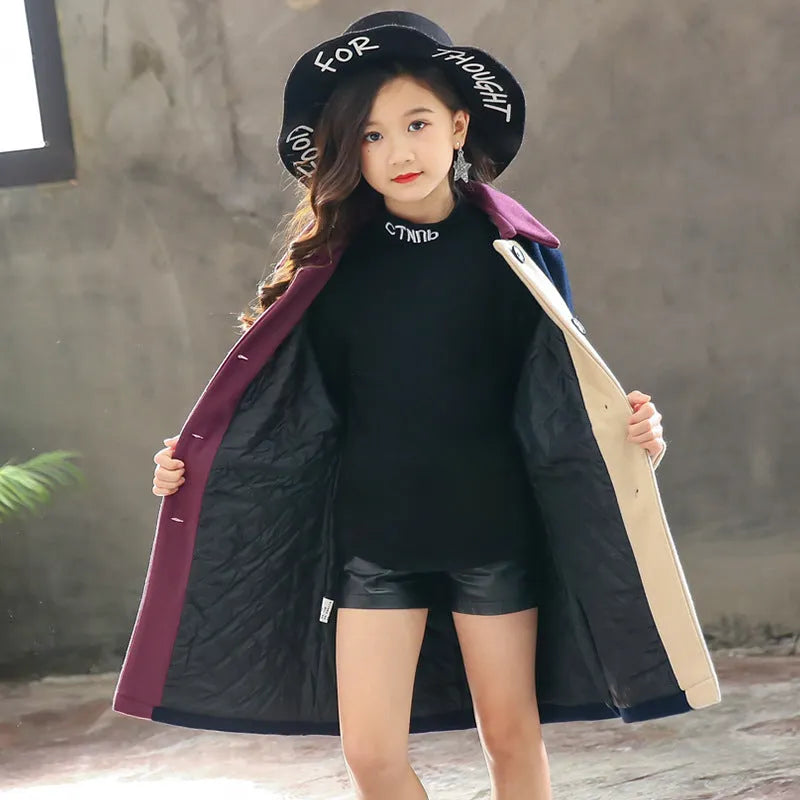 Big kids Korean woolen coat in purple contrast colour, long sleeve plain design, sizes 110-160cm