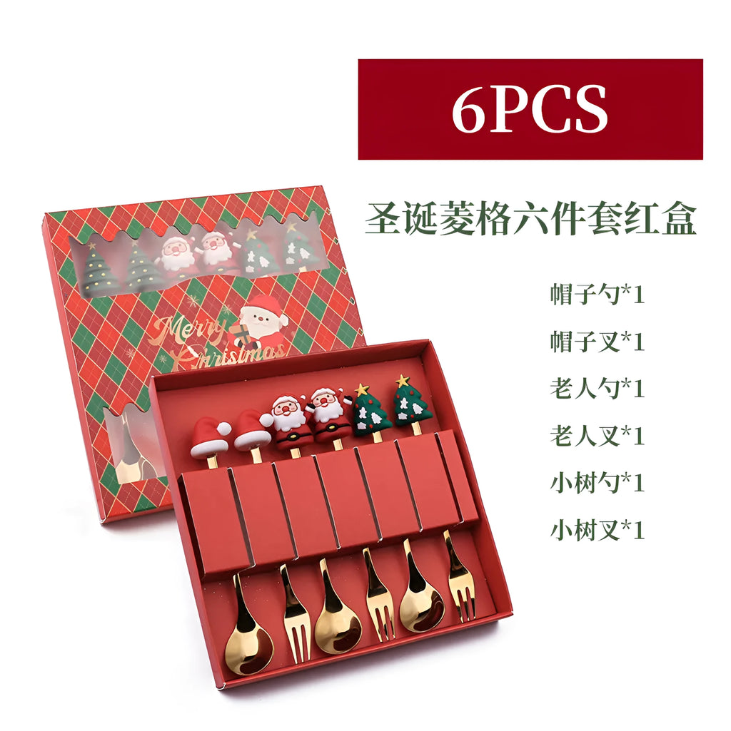 Red-handled Christmas spoon and fork set with tree, snowman, Santa, reindeer and stocking designs