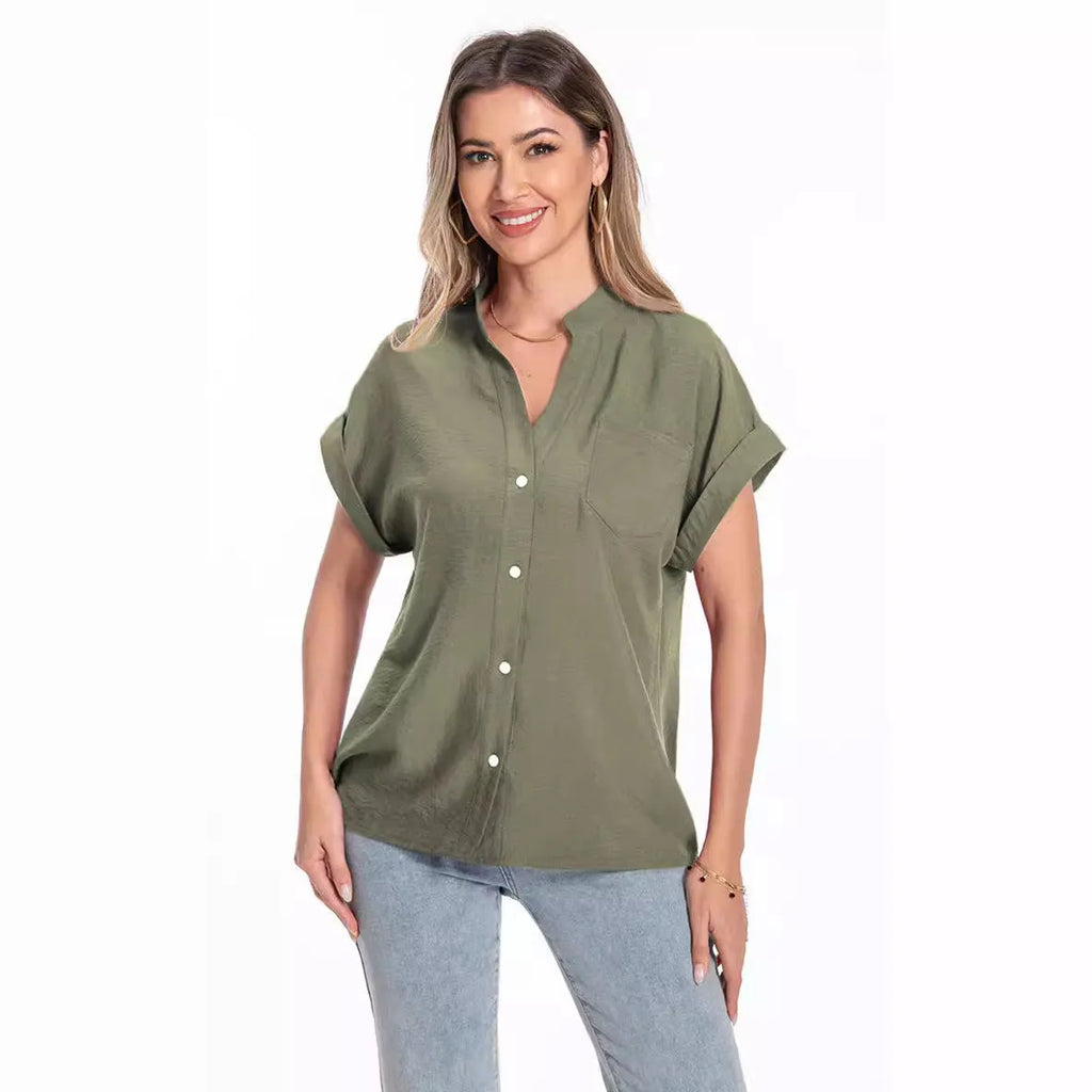 Women's stand collar button summer top in polyester fabric with loose fit