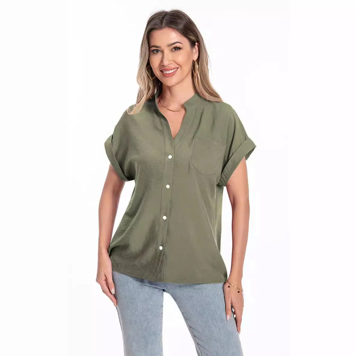 Women's stand collar button summer top in polyester fabric with loose fit