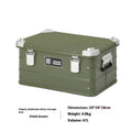 Field green aluminium alloy outdoor storage box with dimensions 58cm by 38cm by 28cm.
