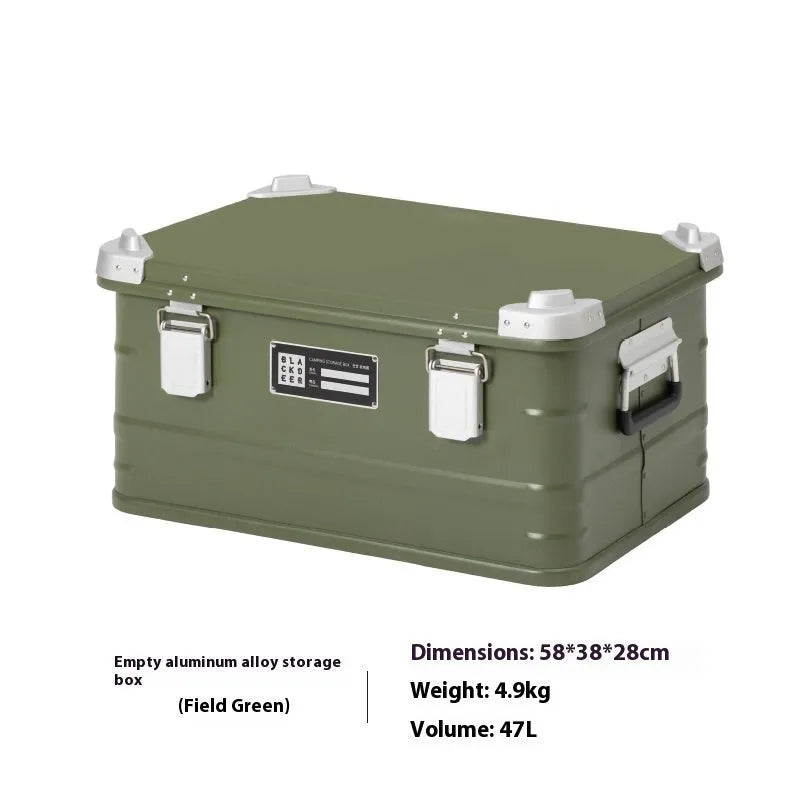 Field green aluminium alloy outdoor storage box with dimensions 58cm by 38cm by 28cm.