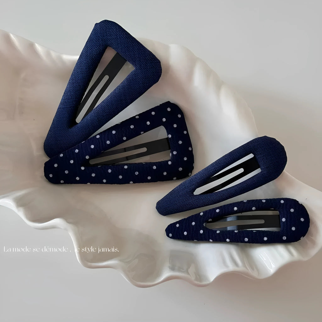 French retro dot barrettes in dark denim triangle, dark denim water drop, polka dot water drop, and polka dot triangle styles