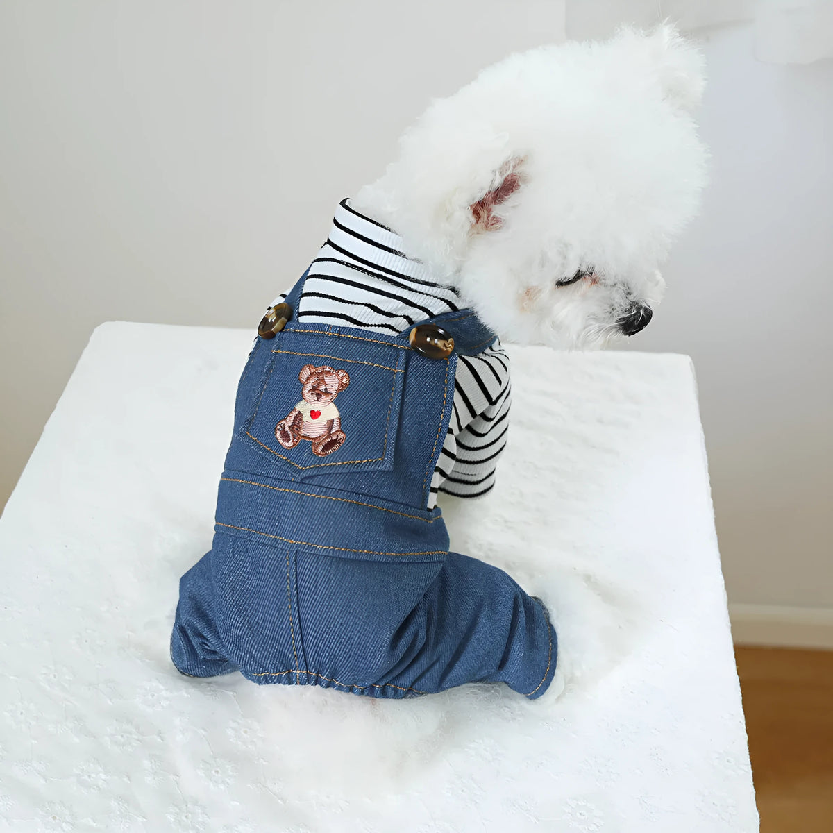 Cute bear dog overalls in polyester, XS to XL, chest 30-54cm and back length 20-40cm.