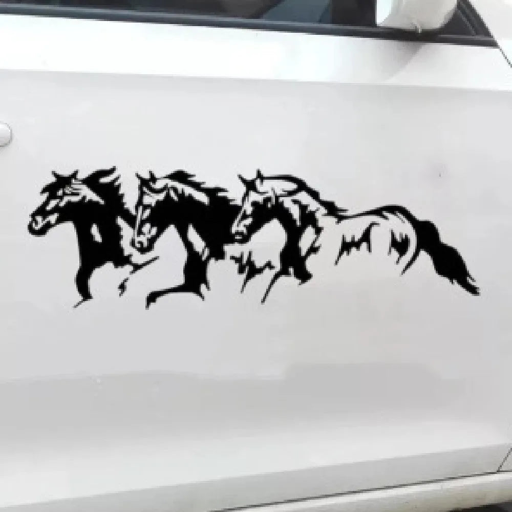 Three Horses steed design car decal sticker in black, shown at 25cm by 8cm size.