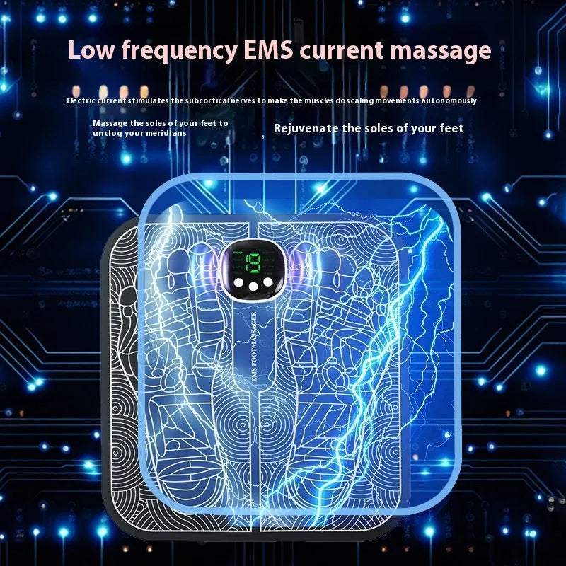 Reflexology foot massager mat with USB charging, showing blue foot pad and push-button controls for 8 modes and 19 intensity levels