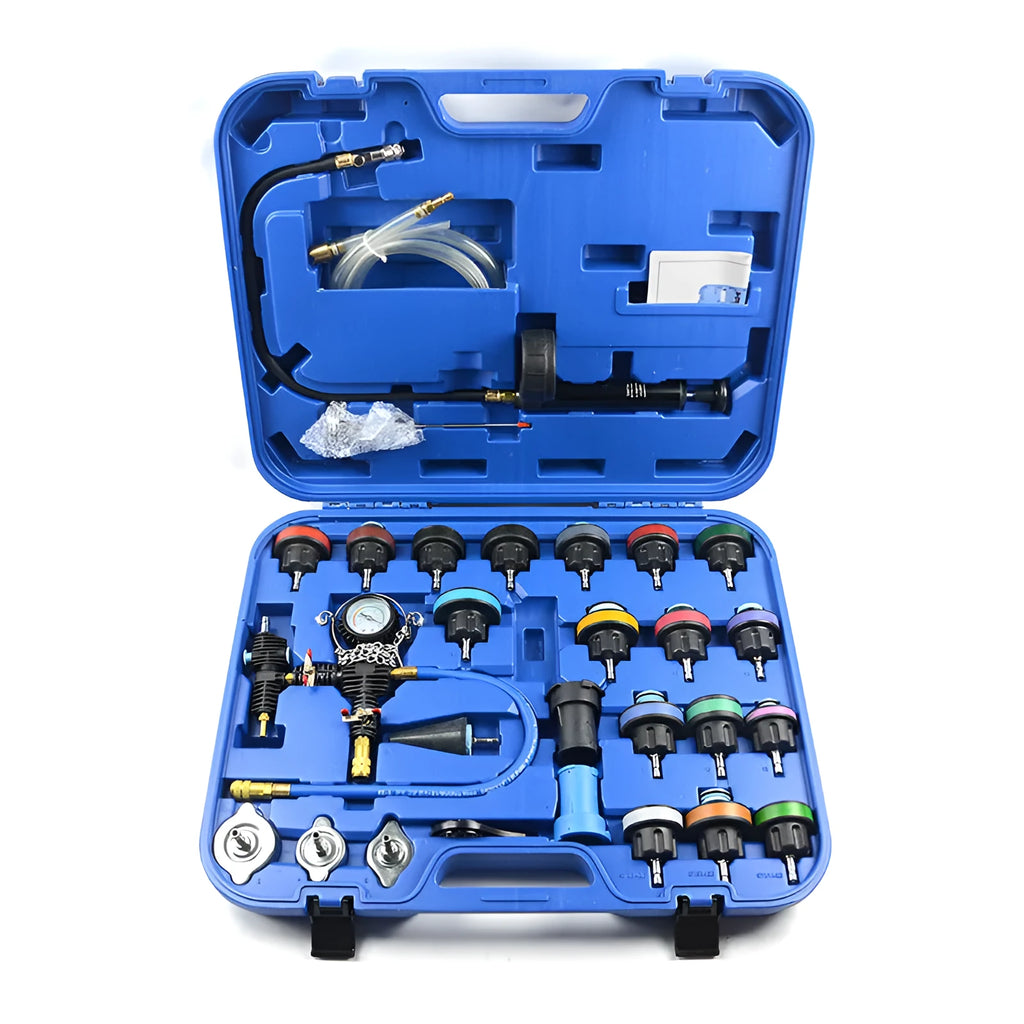 Blue 28-piece automotive radiator pressure tester kit with vacuum purge and refill components