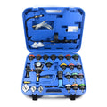 Blue 28-piece automotive radiator pressure tester kit with vacuum purge and refill components