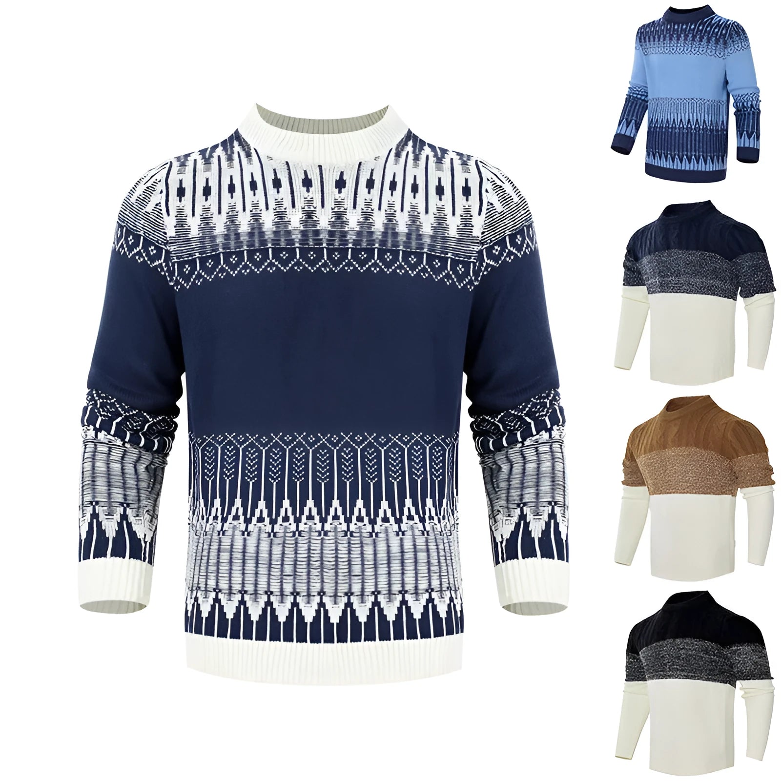Men's grey knitted pullover sweater with ribbed crew neck and cuffs on a hanger.