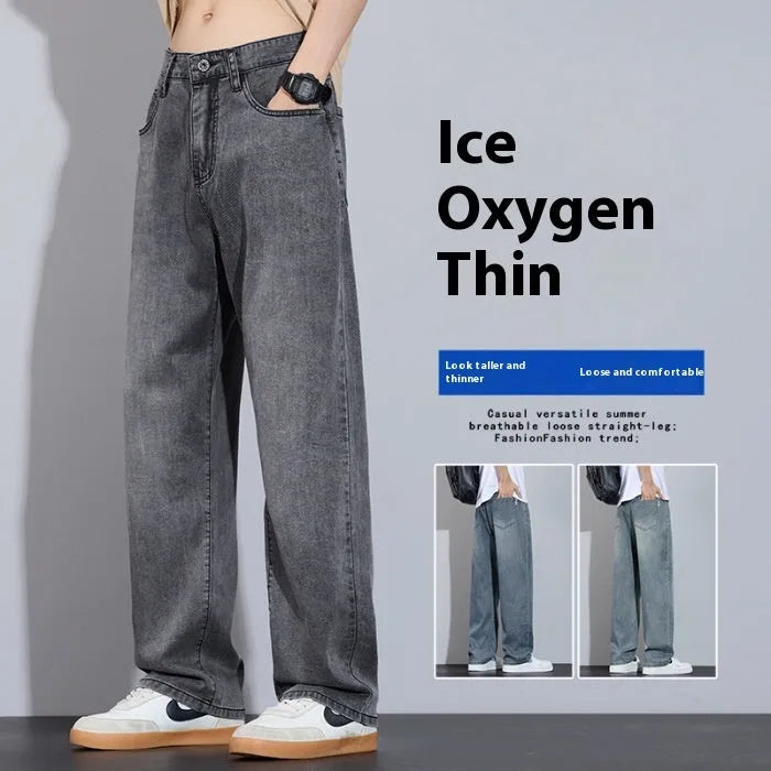 Straight-leg denim trousers in blue shades with zip fly and ice silk fabric for breathable leisure wear
