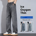 Straight-leg denim trousers in blue shades with zip fly and ice silk fabric for breathable leisure wear
