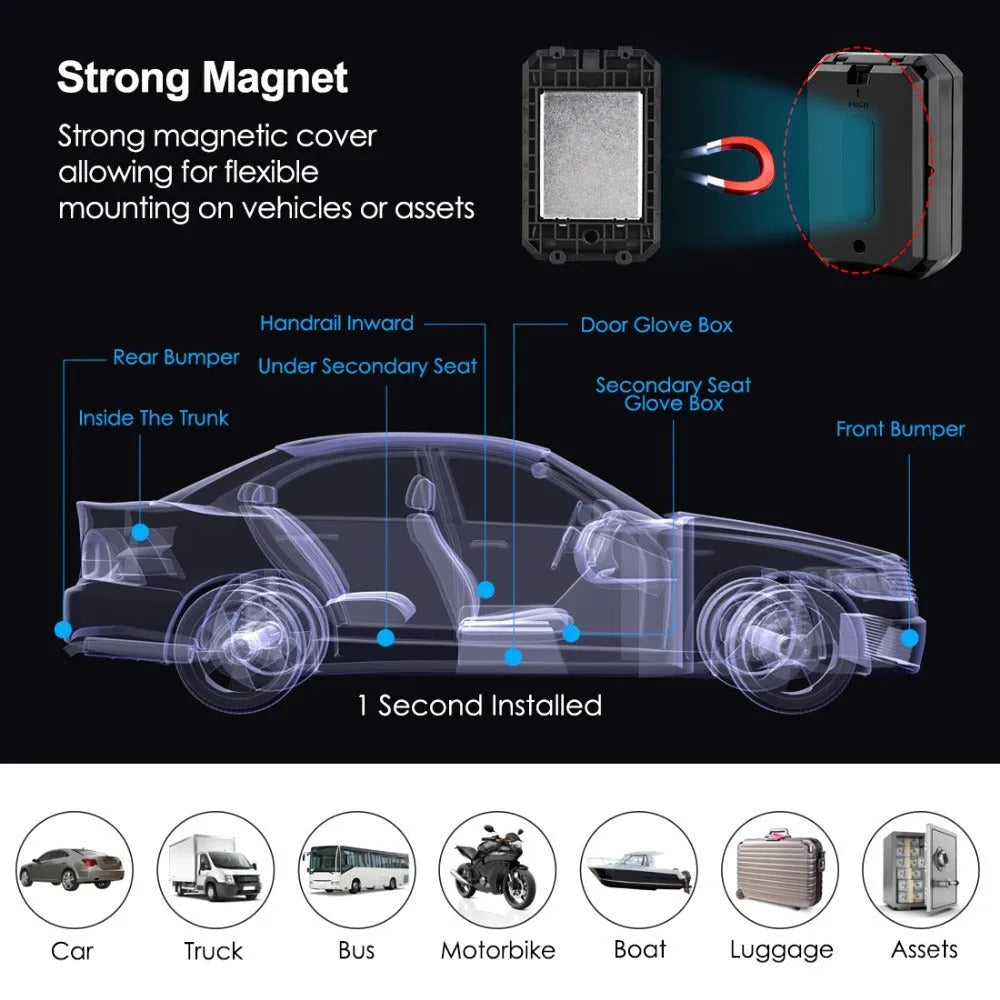 Black GPS car locator device with 6000mAh battery for long standby tracking.