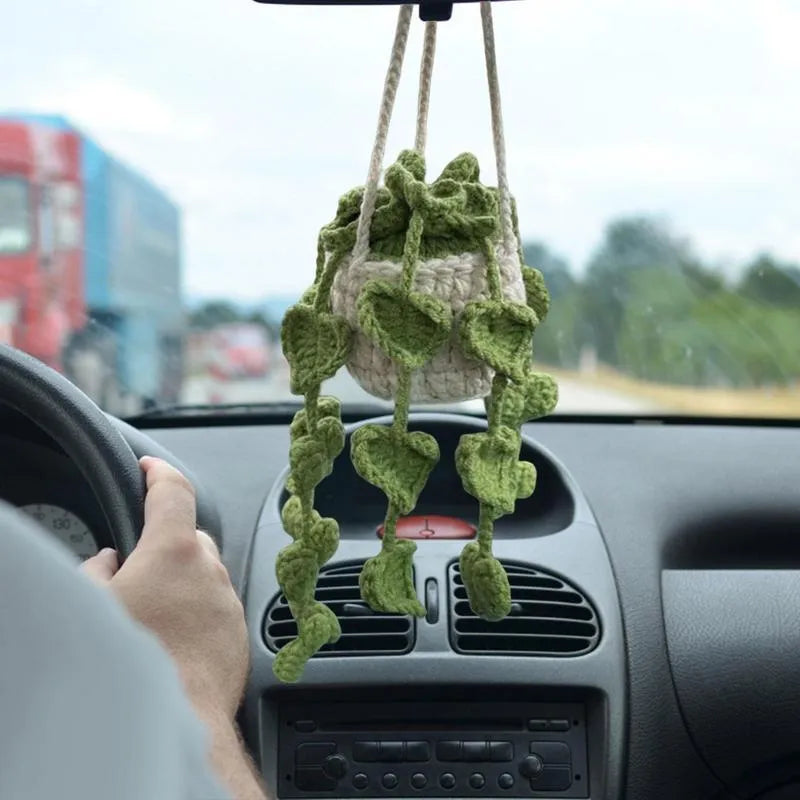 Green and white fishing style car plant decoration with 8cm basin base and 25cm hanging rope