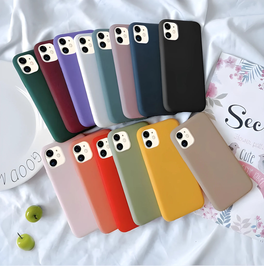 Frosted matte soft-shell iPhone case in multiple colours, shown fitting an iPhone.