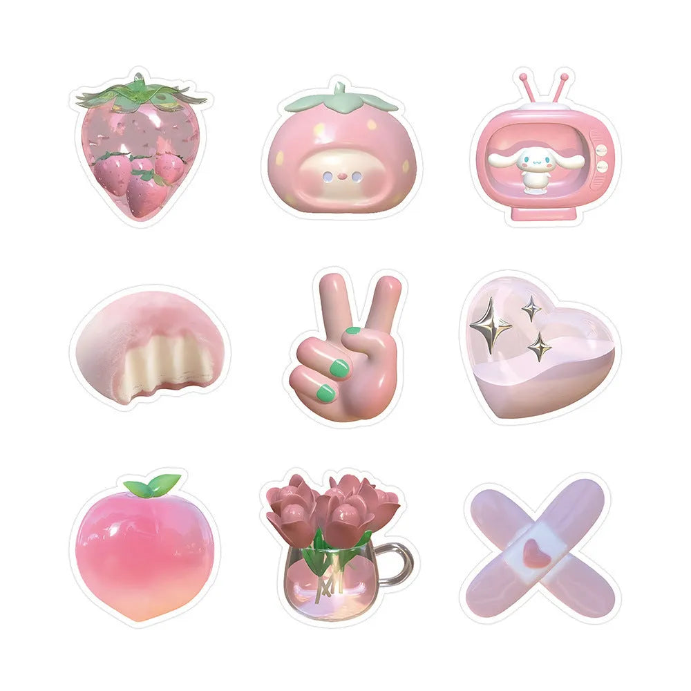 Light colour realistic 3D decorative stickers with pink girl heart designs, 63 pieces per pack