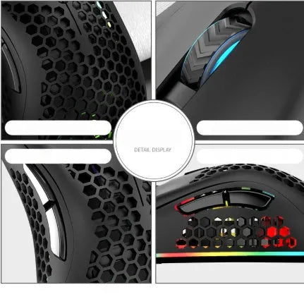 Hollow out wireless mouse with luminous effects in black, cyan, or white, showing dimensions of 123mm by 72mm by 46mm