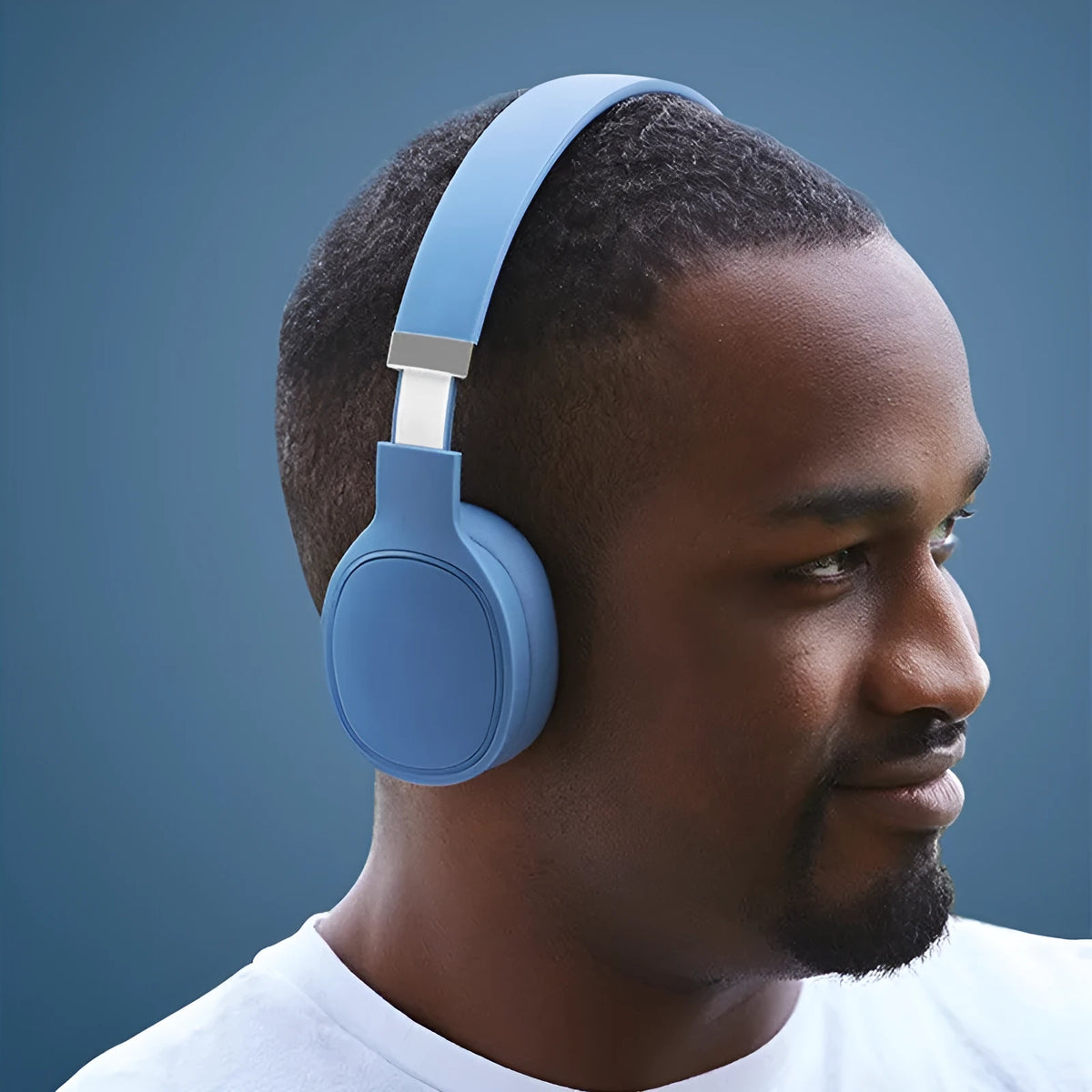 Wireless Bluetooth headset with head-mounted design shown in black, white, blue, and dark grey colour options.