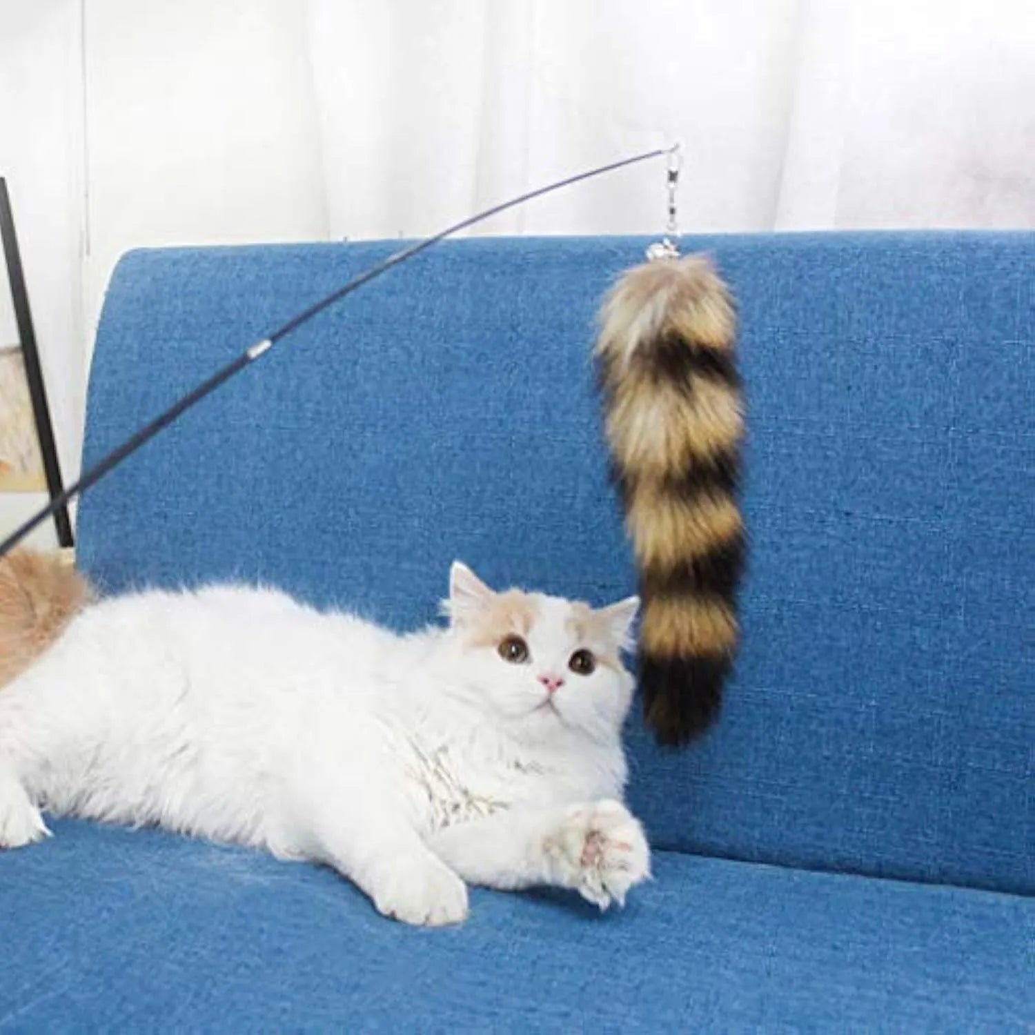 Black cat toy wand with 42cm elastic string and 300g weighted handle for interactive feline play