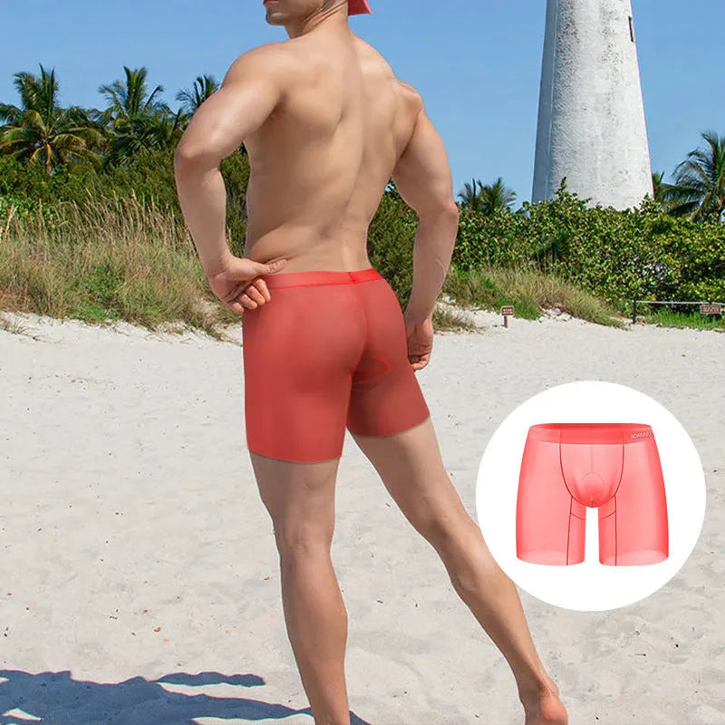 Men's low-waist ice silk boxers in orange, pink, or red solid colours, showing breathable nylon fabric