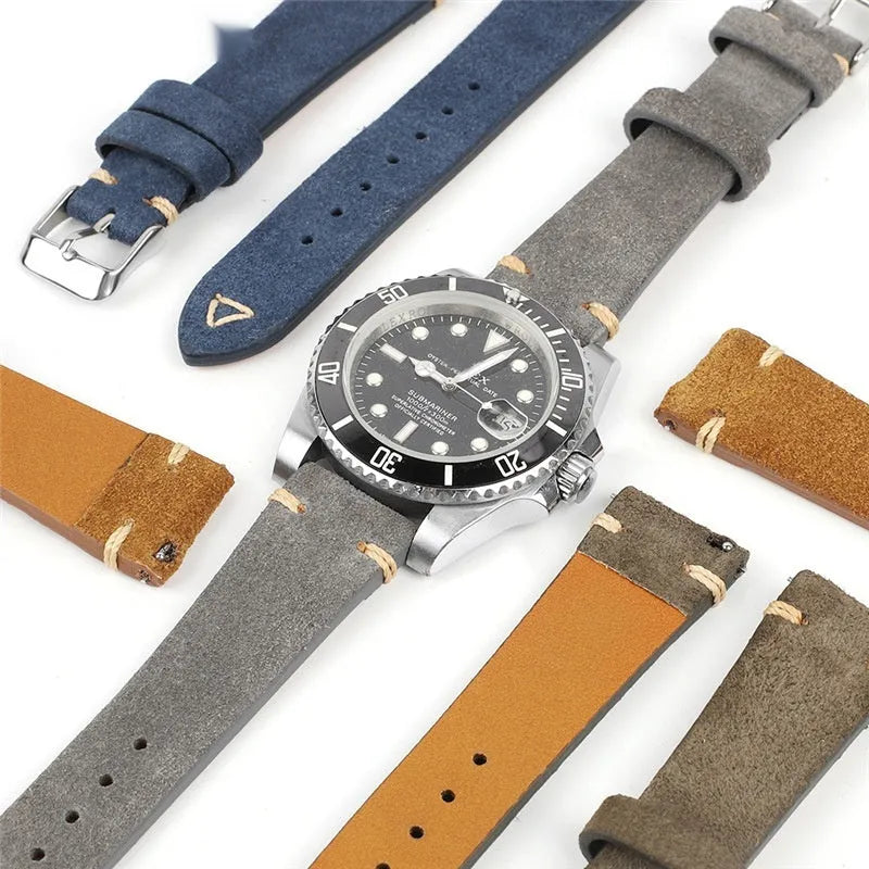 Small waist suede leather watch strap in Army Green, Blue, Brown, or Gray with 20mm or 22mm width options
