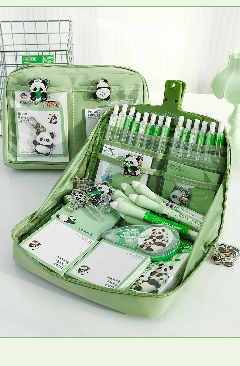 Green 12 layer panda pencil case with Korean style design and canvas construction