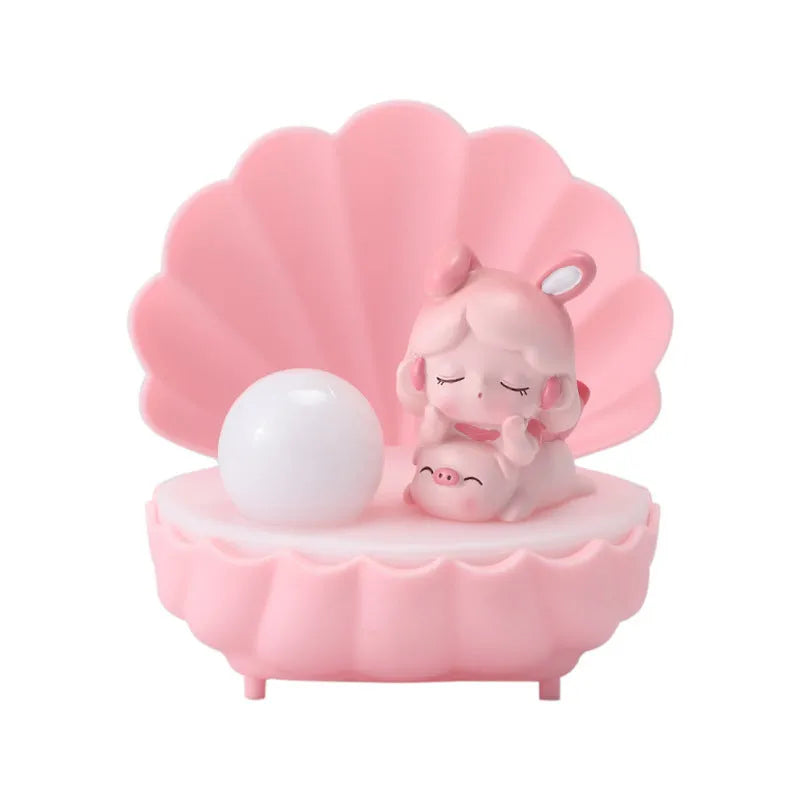 Resin shell star shaped small night lamp with cartoon animal girl design in pink, blue, purple, or yellow.