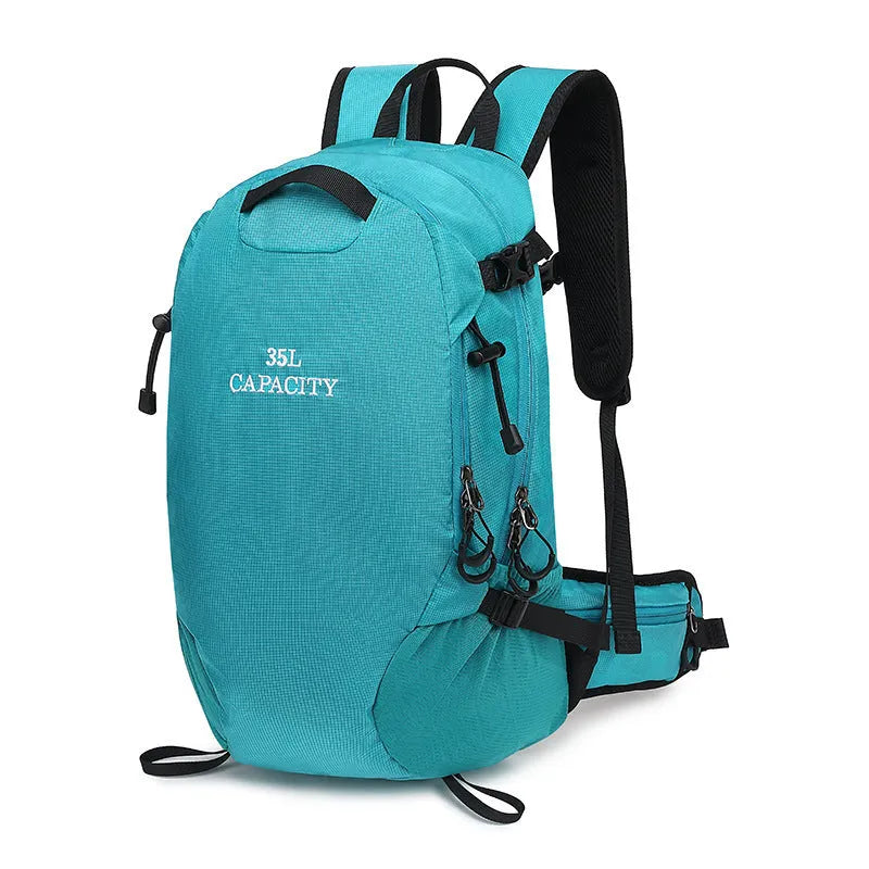 Solid-colour waterproof Oxford cloth hiking backpack with a structured back, shown in lake blue.