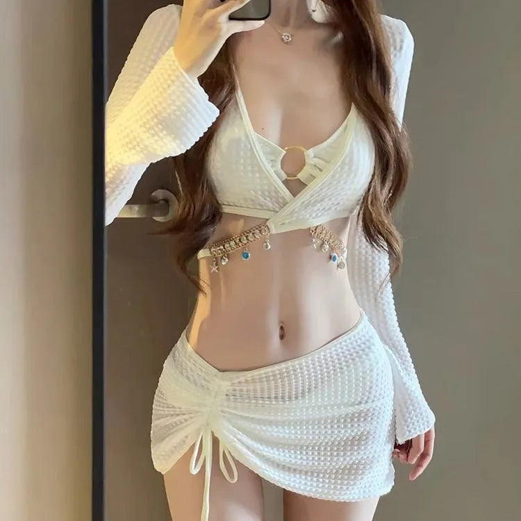 Women's long sleeve black bikini swimsuit with two-piece design for swimming