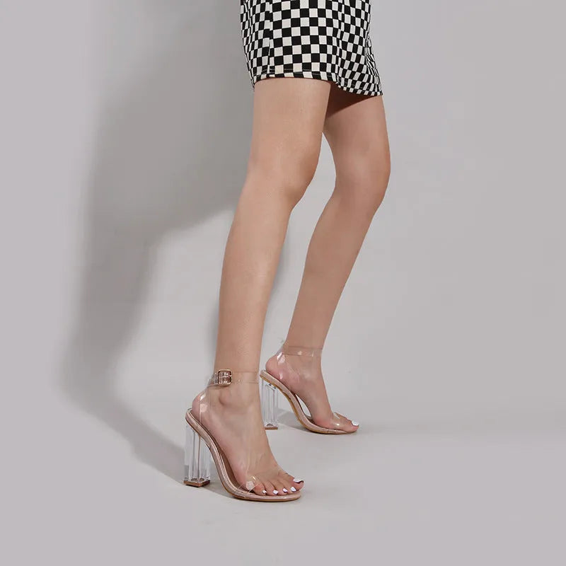 Women's apricot high heels with glass heel, round toe, and buckle fastening on melamine sole