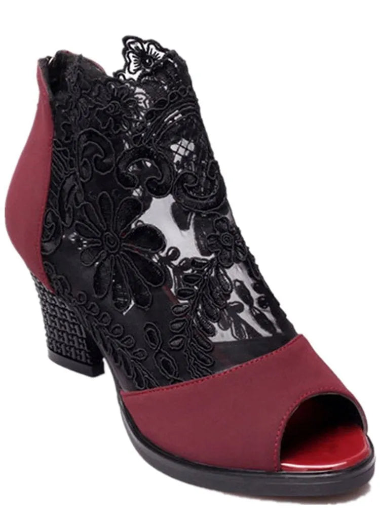 Lucyever women's gladiator sandals with square heel, lace upper, flower pattern, and zip closure in black colour