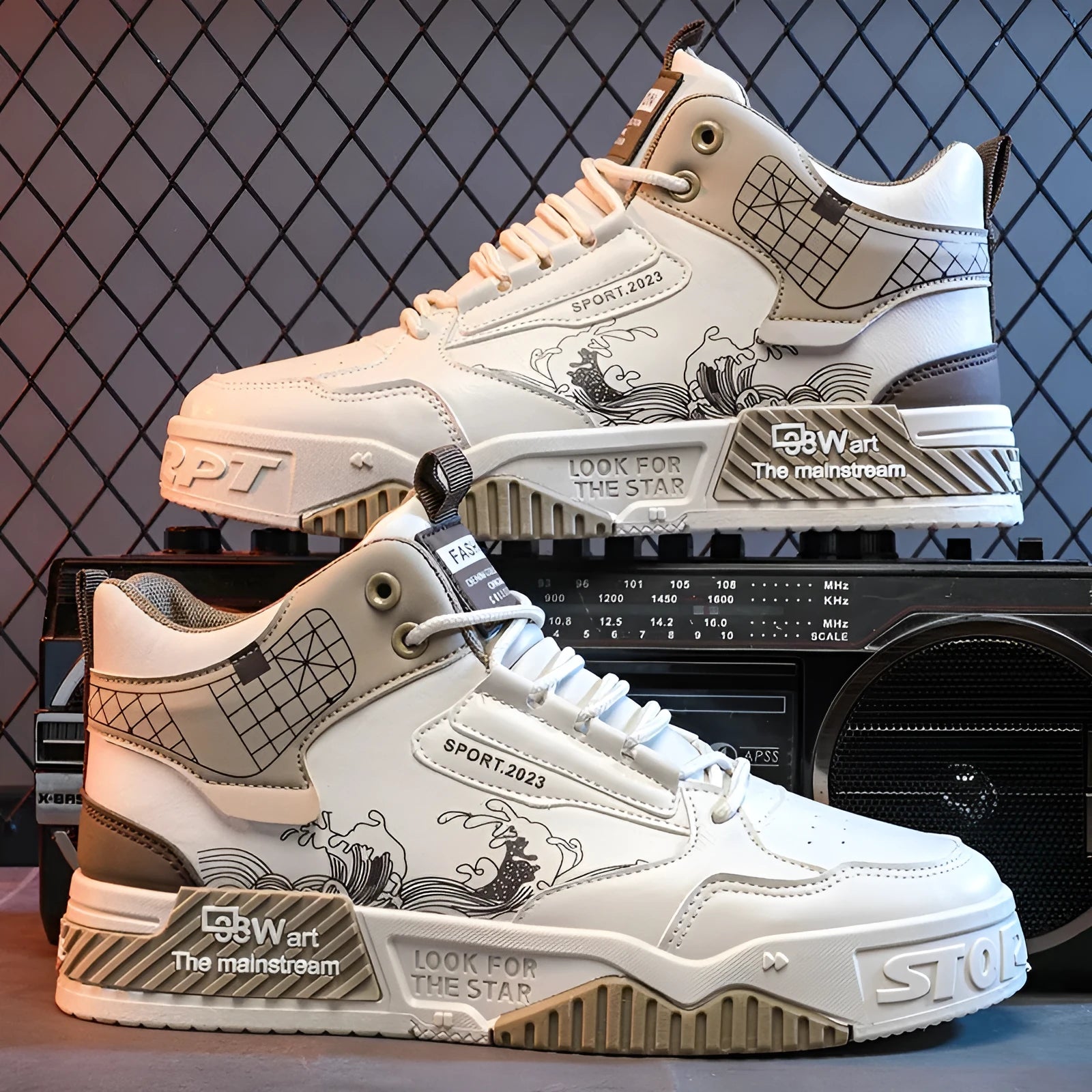 Men's high-top lace-up board sneakers in beige, white, and blue colours with rubber soles.