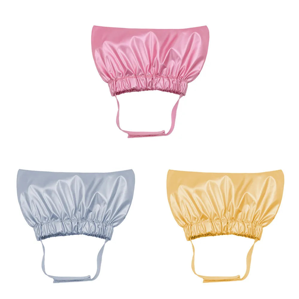 Adjustable waterproof shower cap for pets in gold colour showing 18-22cm size range