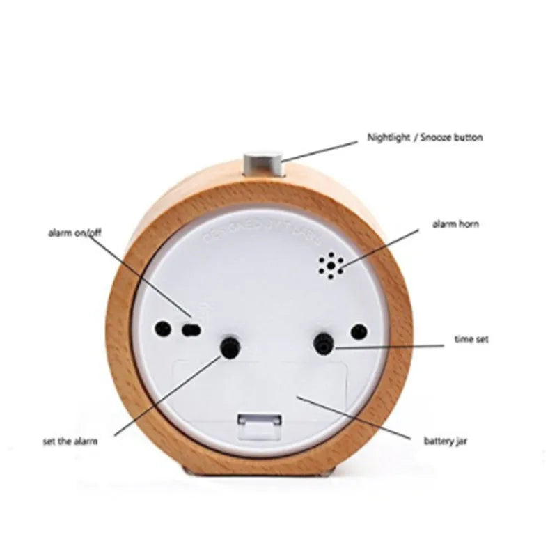 Solid beech wood circular alarm clock with silent snooze function measuring 9.5cm in diameter