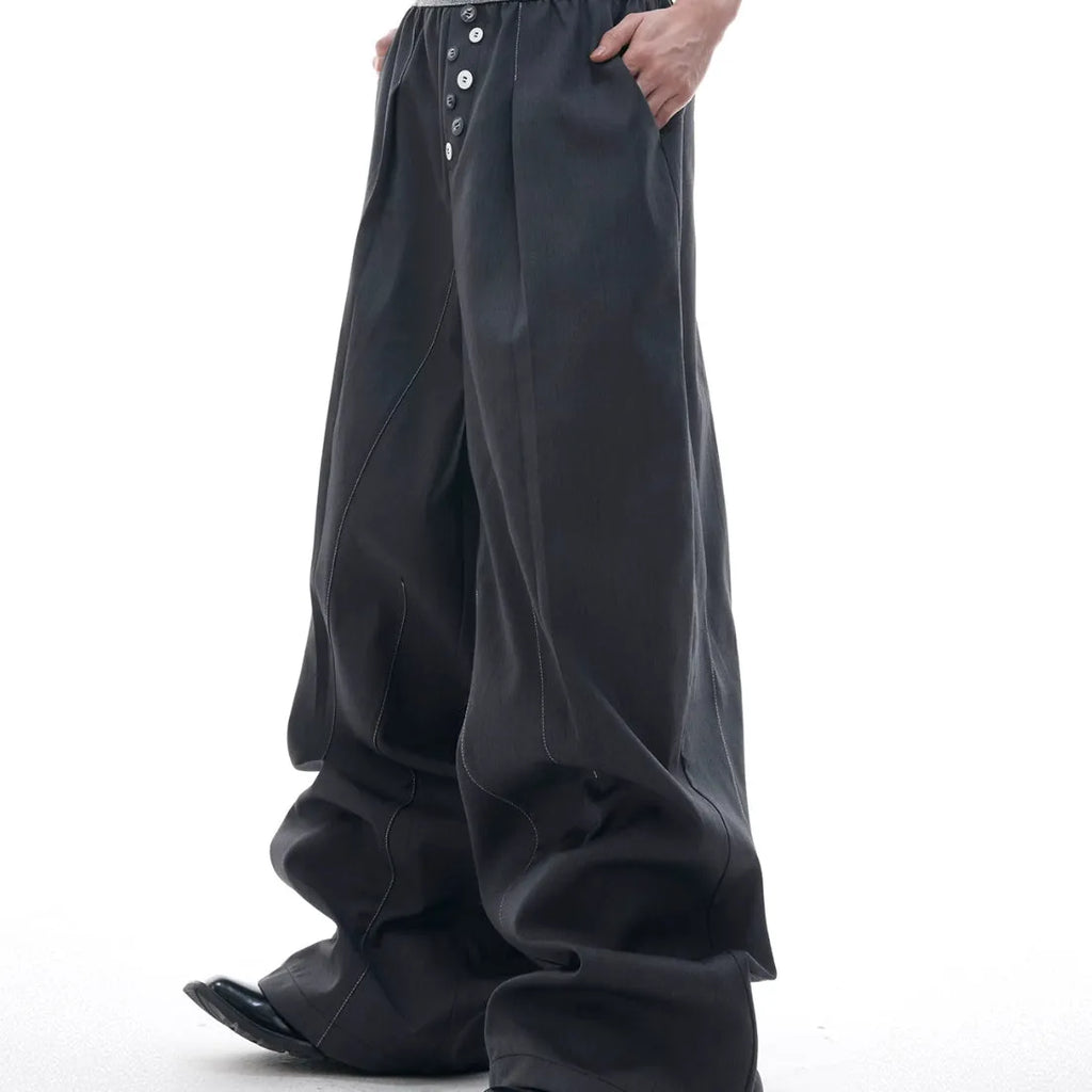 Straight-leg suit trousers in black with high waist and button-open line design, made from polyester-cotton blend.