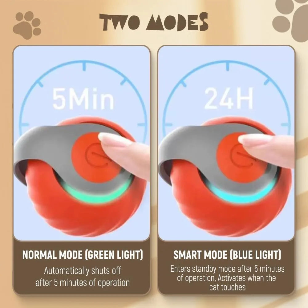 Blue and red interactive rolling ball pet toy for cats and dogs on a floor.