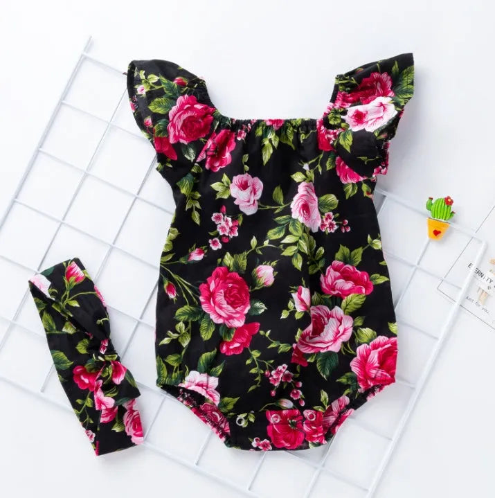 Cotton baby romper for infant girls with triangle climbing style and sleeveless design in black or white colour