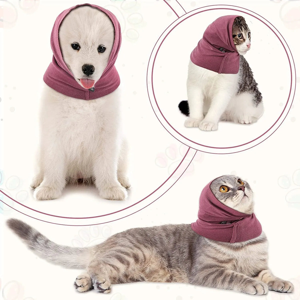 Cotton pet ear muffs in pink, black or purple with elastic scarf band, sizes S M L for dogs and cats