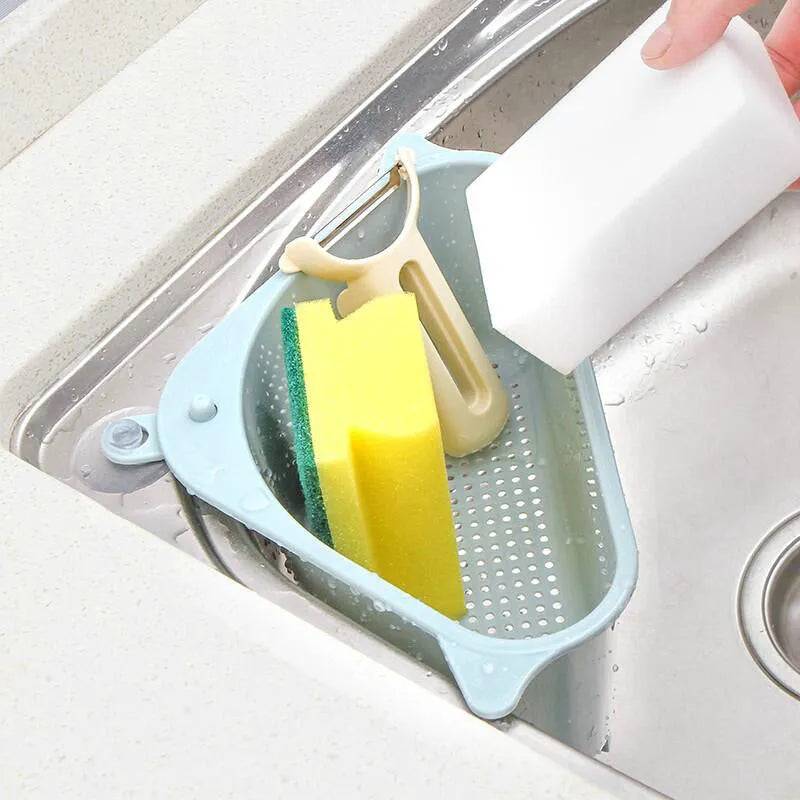 Plastic triangle kitchen sink storage rack with ventilated design for sponges and soap