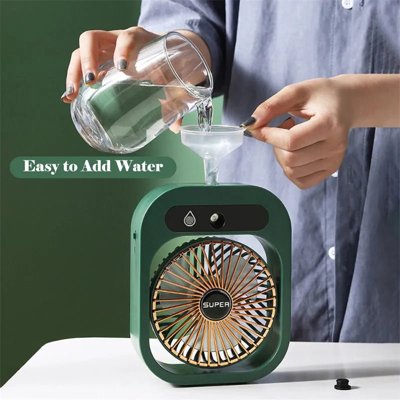 Green and white USB rechargeable portable misting fan and humidifier with adjustable wind direction