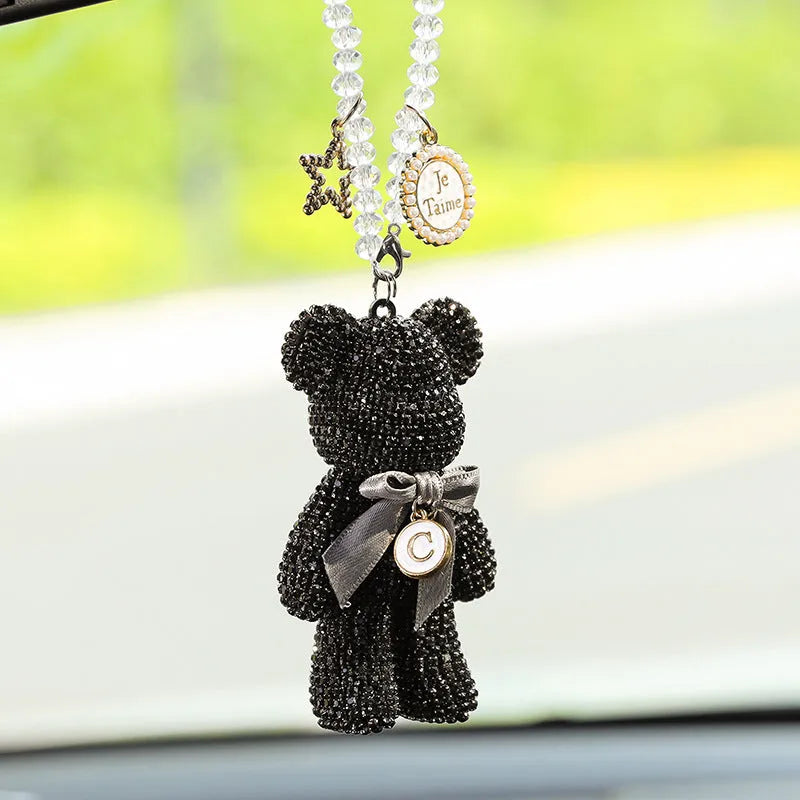 Car rearview mirror pendant with 5x9cm Violent Bear design in artificial crystal rhinestone, available in black, white, and mixed pastel colours