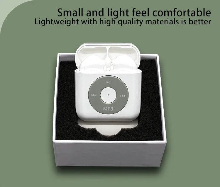 White wireless Bluetooth earphones with charging case showing semi in-ear design and compact size