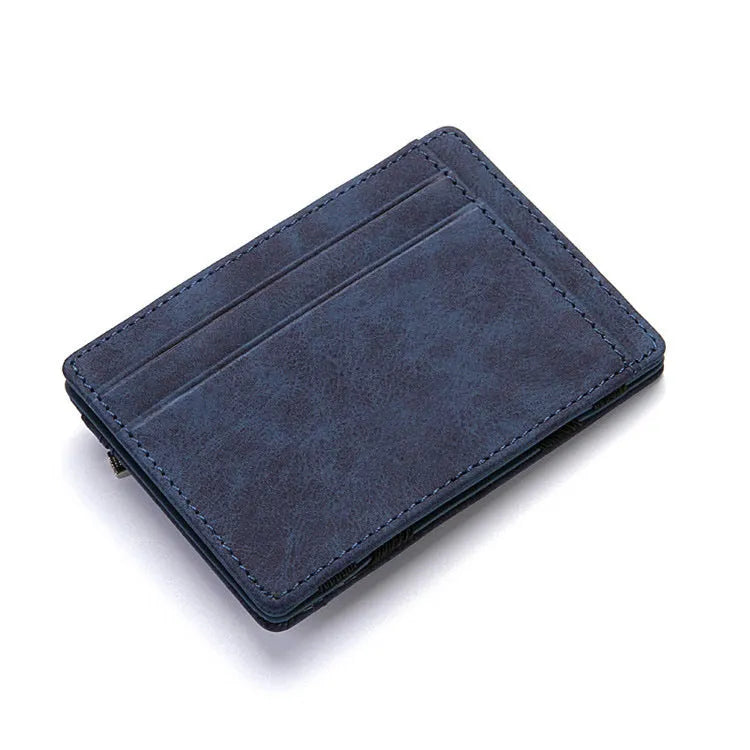 PU leather magic wallet showing flip card holder design with zipper coin compartment in black colour