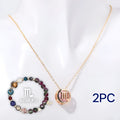 Natural stone beaded necklace and bracelet set on a table, showing varied gemstone colours.