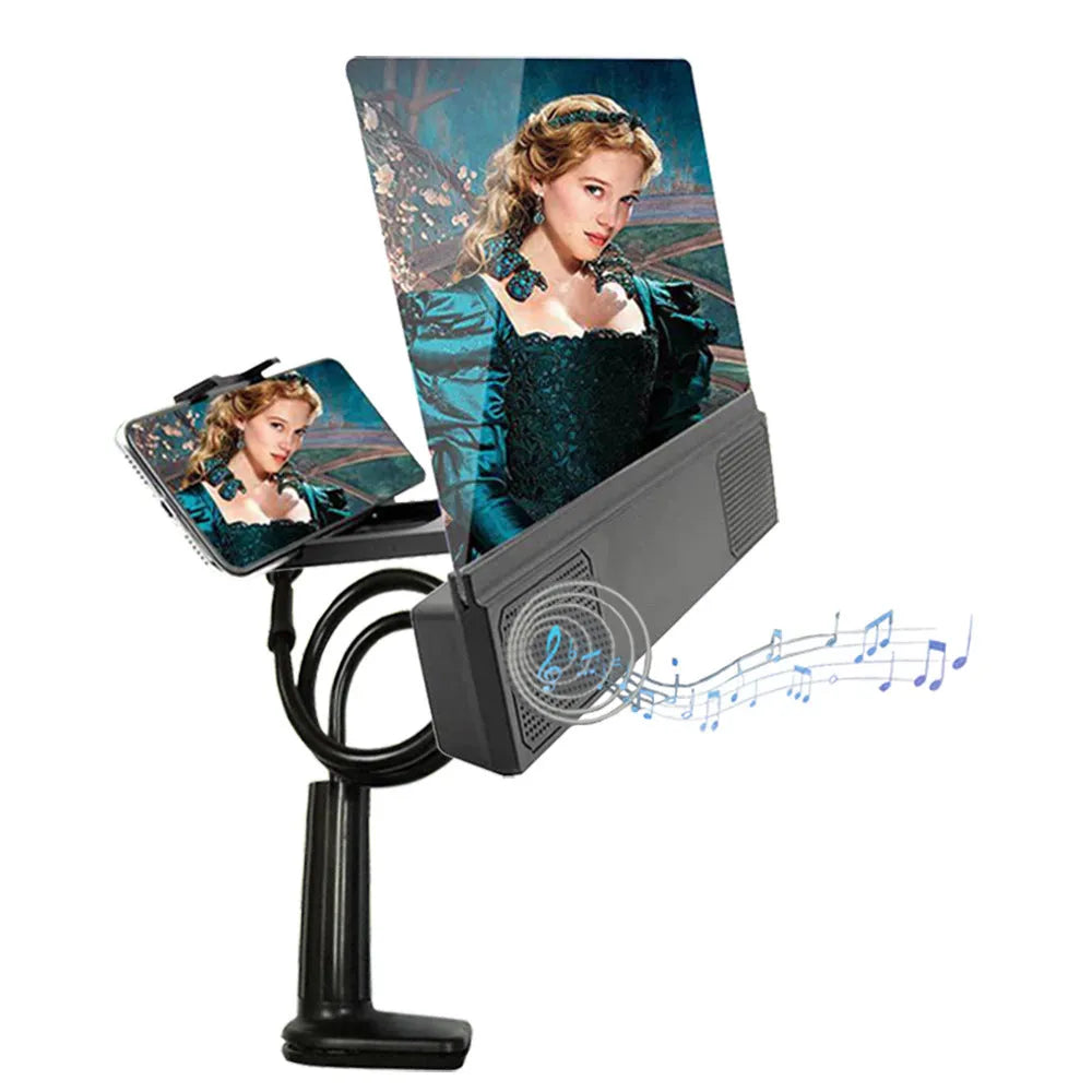 Mobile phone screen amplifier with 12-inch lens and gooseneck stand on a table, showing 3.5mm audio cable connection